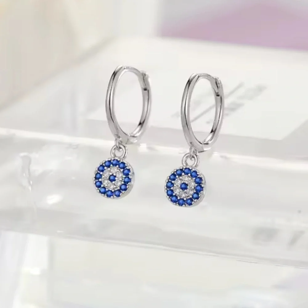 925 sterling Silver Evil Eye Dazzling Blue  Crystal Earrings